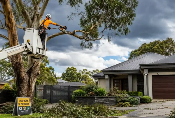 Professional arborist safely pruning a large eucalyptus tree near a modern suburban home to improve property safety and prevent storm-related tree damage.