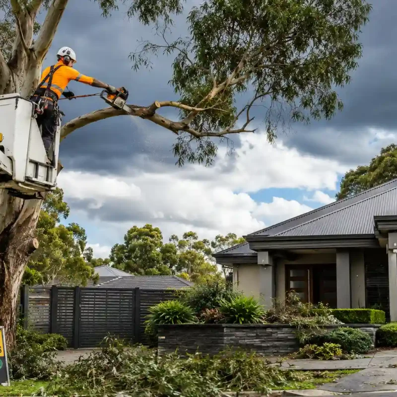Professional arborist safely pruning a large eucalyptus tree near a modern suburban home to improve property safety and prevent storm-related tree damage.