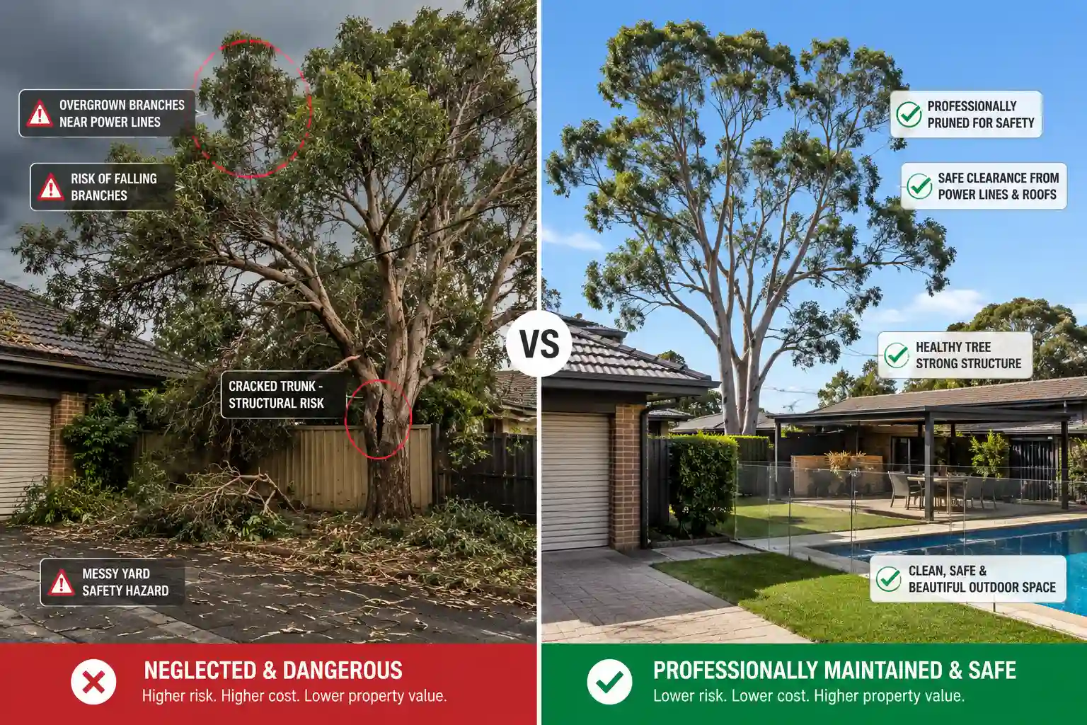 Split-scene comparison showing dangerous neglected trees versus professionally maintained tree care improving residential safety, landscaping, and outdoor protection.