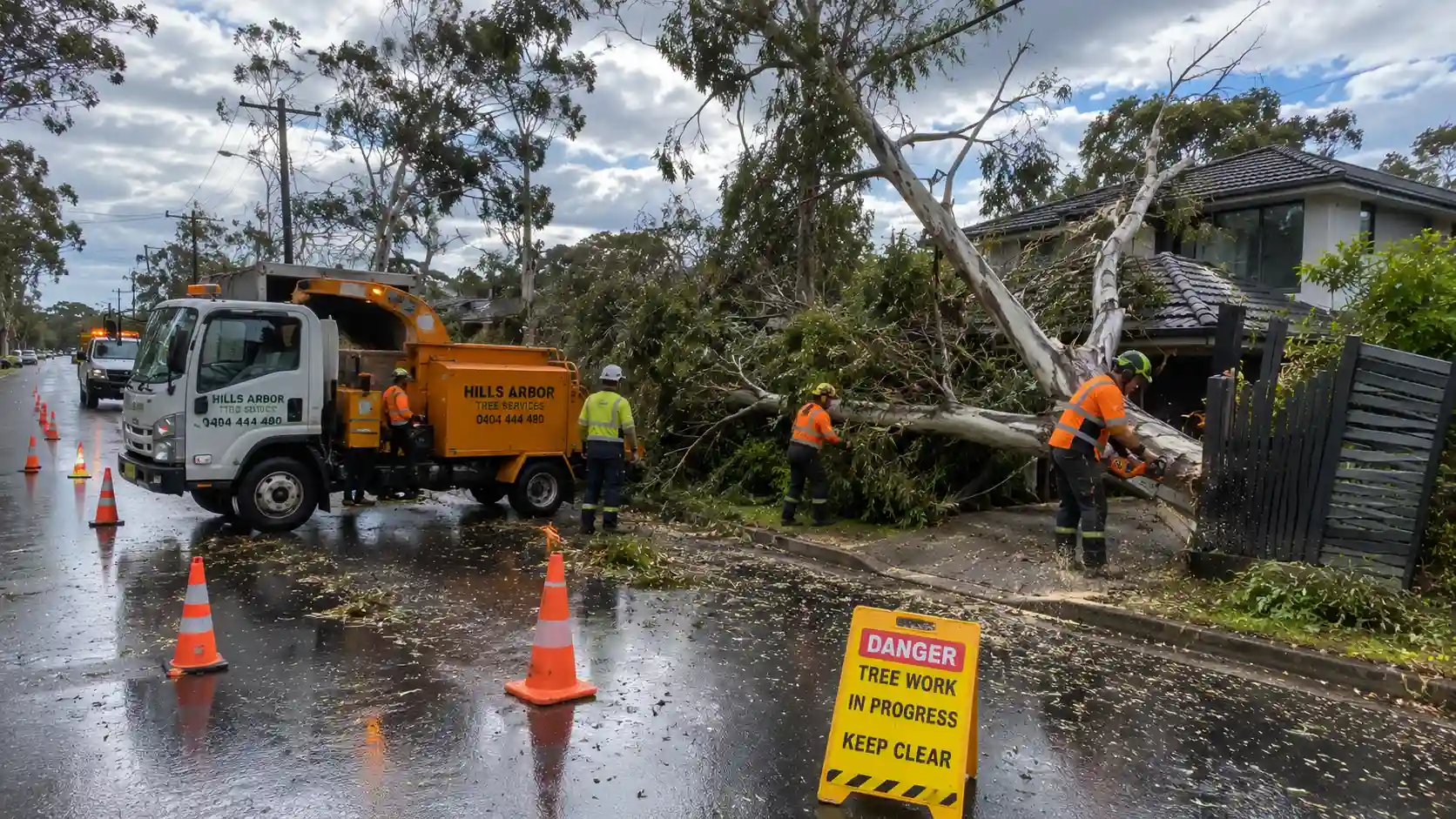 Emergency tree care services in Baulkham Hills removing storm-damaged trees near homes and utilities